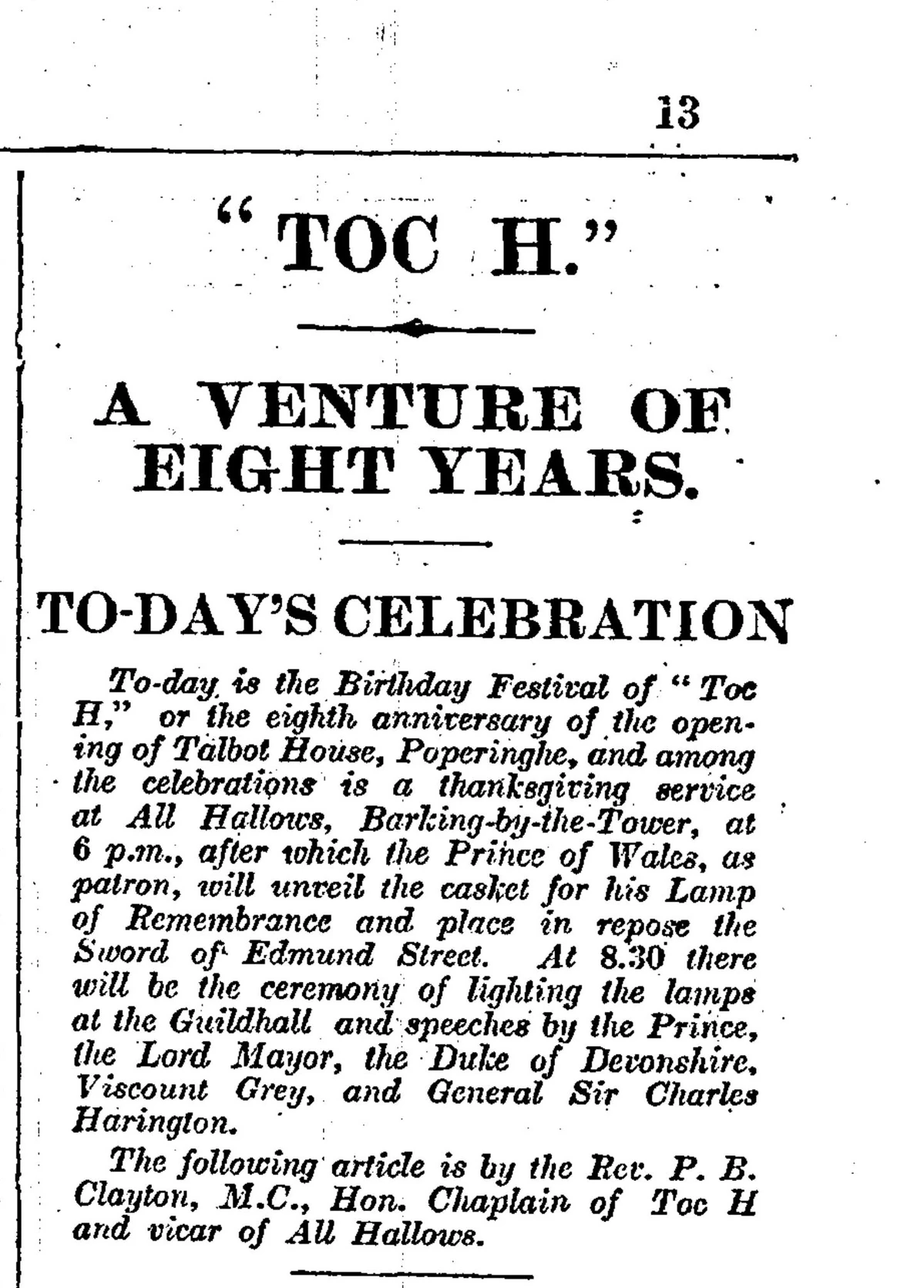 Newspaper page 13, The Times, London, 15 December 1923 — 'TOC H. A Venture of Eight Years' — article heading and 8th anniversary celebration notice