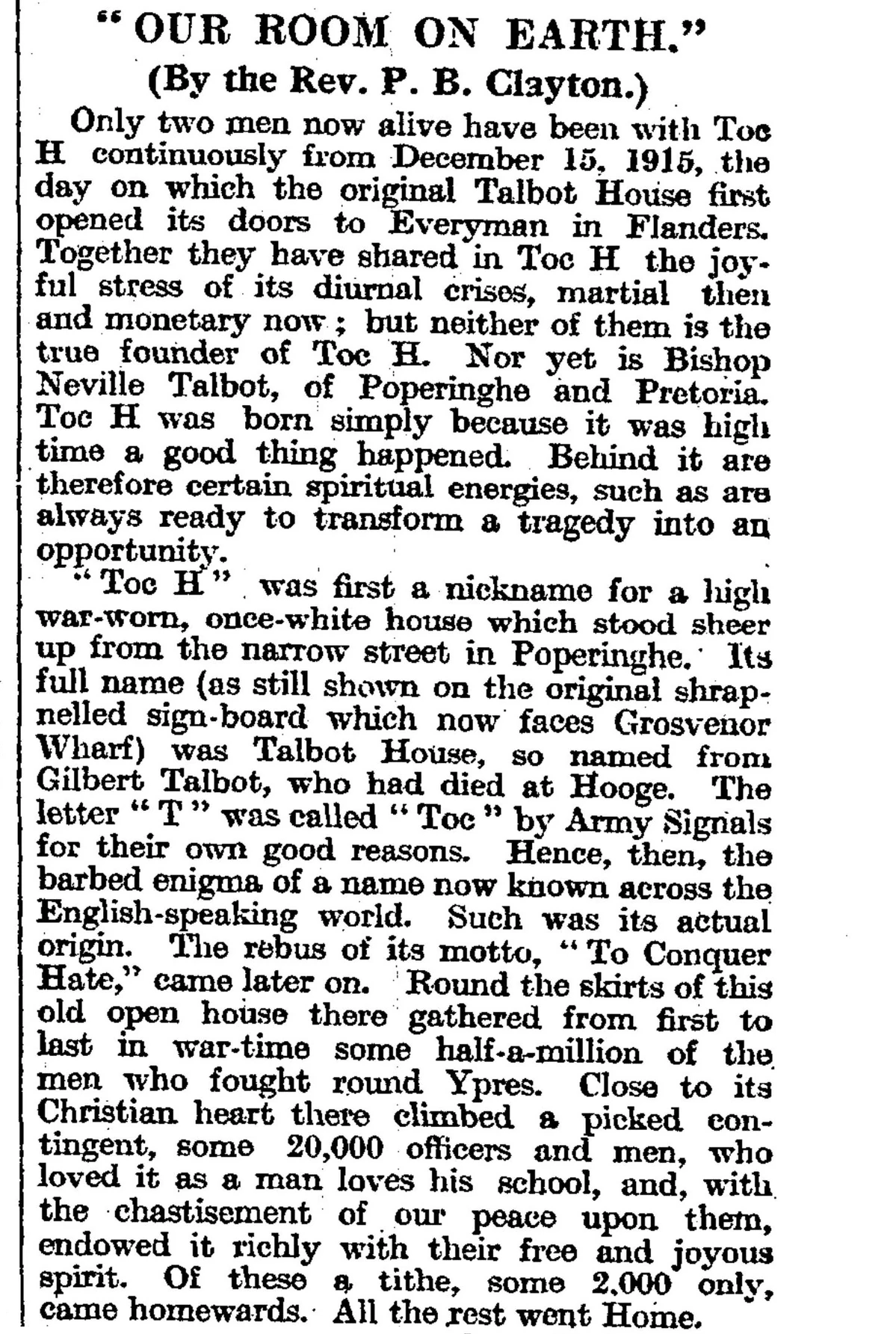 Tubby Clayton's essay 'Our Room on Earth' opens — the origin of Talbot House, the name Toc H, and the half-million men who passed through Ypres