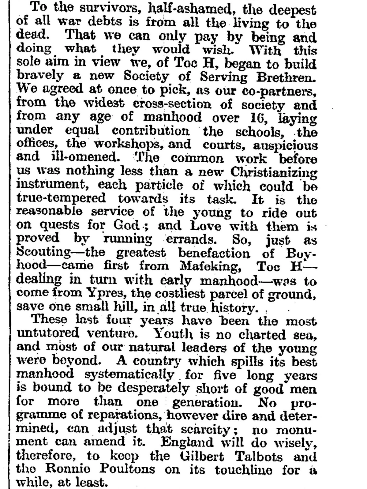 Tubby Clayton on the debt to the fallen — the Society of Serving Brethren, and Toc H following Scouting from the costliest ground in history