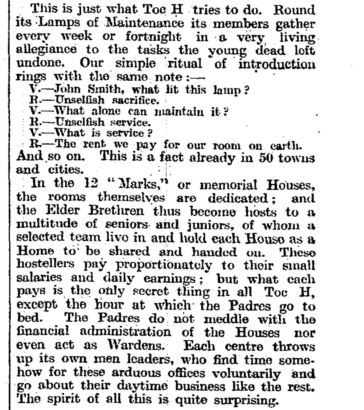 The Toc H initiation ritual as published in The Times, 1923 — including 'R.—The rent we pay for our room on earth.' — already in use in 50 towns and cities