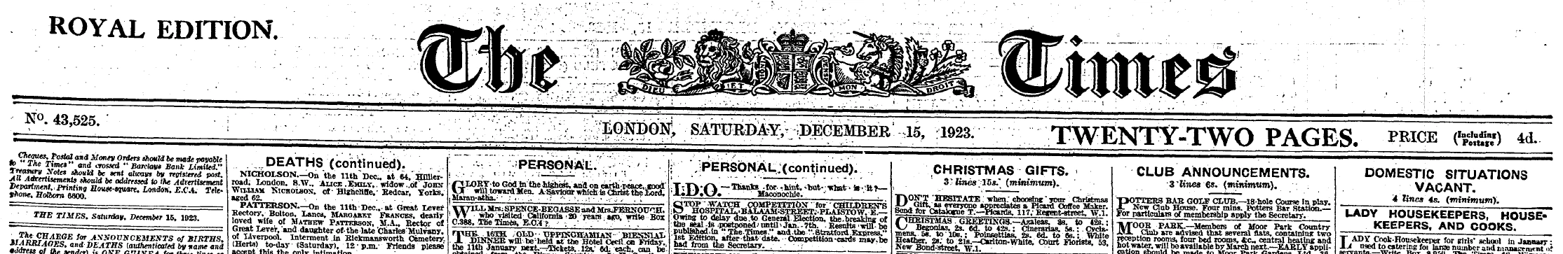 The Times, London — Saturday 15 December 1923 — masthead and front matter