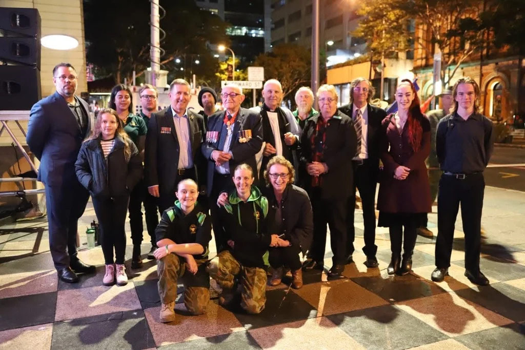 The gathered crowd at the Shrine of Remembrance